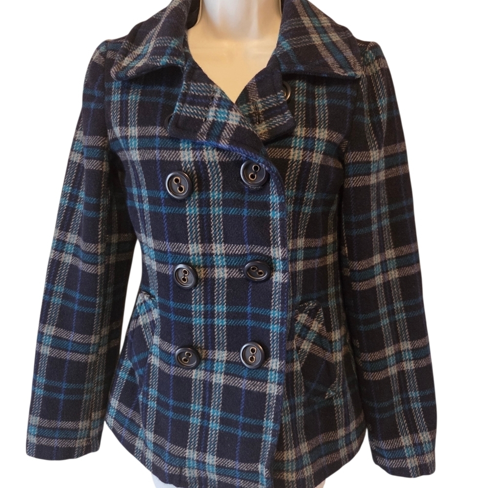 Aeropostale Blue and Black Plaid Peacoat - Picture 2 of 6